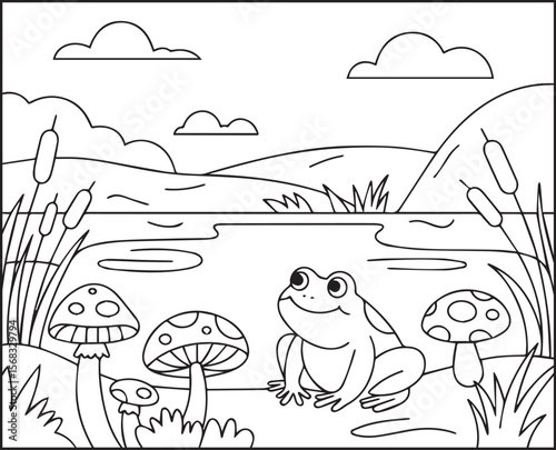 landscape black line art vector illustration for coloring page or book design for children
