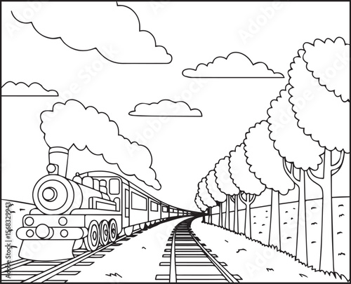 Beautiful natural landscape with running train black line art vector illustration for coloring page or book design for children