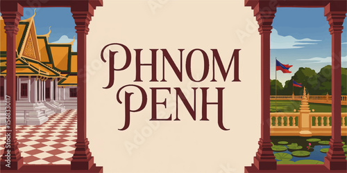 Phnom Penh Landmark Illustration with Royal Palace, Lotus Pond, and Cambodian Flags - Vibrant Travel Poster Art