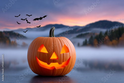Halloween Pumpkin Jack O Lantern With Bats Flying Over Misty Lake At Dusk