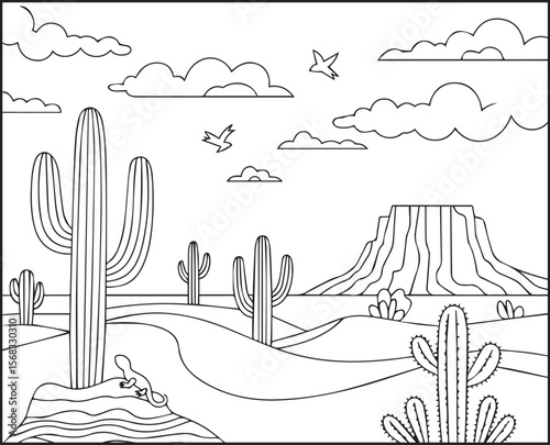 Desert with cactus trees landscape black line art vector illustration for coloring page or book design for children