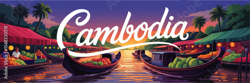 Cambodia Floating Market at Sunset – Vibrant River Boats, Tropical Fruits, and Local Vendors, Colorful Travel Illustration