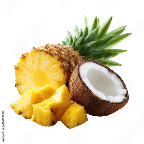 Fresh pineapple slices chunks and half coconut isolated on transparent background