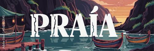 Tropical beach illustration with wooden boats, fishing nets, pier and lanterns at sunset in a serene coastal bay with cliffs and lush greenery