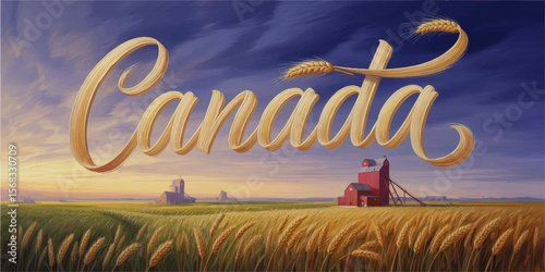 Canada Agriculture Landscape Illustration with Wheat Field, Sunrise Sky, Red Barn, and Wheat Script Text