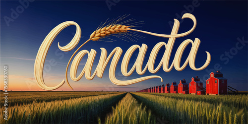 Sunrise Prairie Wheat Field with "Canada" Text, Rustic Red Grain Elevators, Blue Sky and Canadian Agriculture Landscape Illustration
