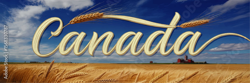 Canada Prairie Landscape with Wheat Field, Blue Sky and Farmhouse, Typography and Agriculture Concept Illustration
