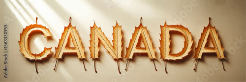 Canada Typography with Maple Leaves – Autumn Nature Art, Canadian Symbolism, Fall Colors, Creative Leaf Lettering on Light Background