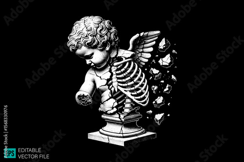 cupid sculpture scary creepy style tattoo dark art illustration vector black and white background templates