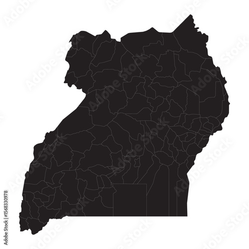 black silhouette map of uganda with internal region borders isolated on white background, vector outline