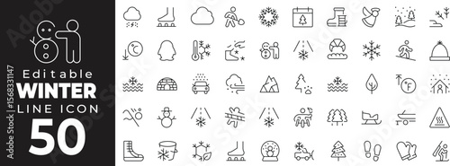 Editable stroke icon collection featuring winter and cold-weather symbols. Includes snowflake, snowman, mittens, scarf, ice skate, hot drink, frost, fireplace, and winter hat. Perfect for seasonal