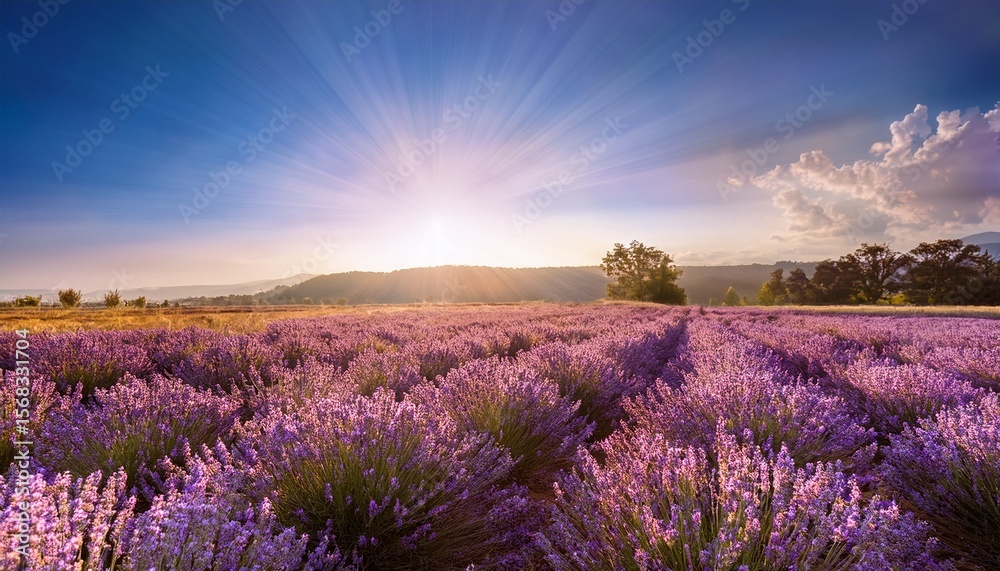 Fototapeta premium lavender field with sun rays shining through the flowers creating a beautiful landscape