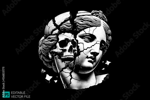 geek sculpture roman scary creepy style tattoo dark art illustration vector black and white background templates
