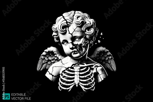 cupid sculpture scary creepy style tattoo dark art illustration vector black and white background templates
