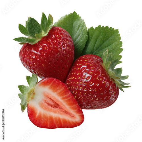 Fresh ripe strawberries with green leaves isolated on transparent background