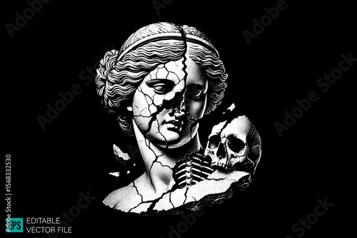 geek sculpture roman scary creepy style tattoo dark art illustration vector black and white background templates