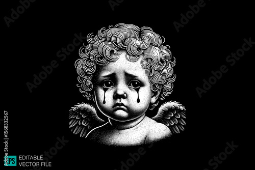 cupid sculpture scary creepy style tattoo dark art illustration vector black and white background templates