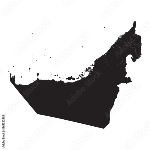 black silhouette map of united arab emirates with internal region borders isolated on white background, vector