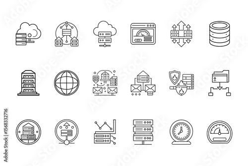 Set web hosting icons depicting servers data clouds network elements vector