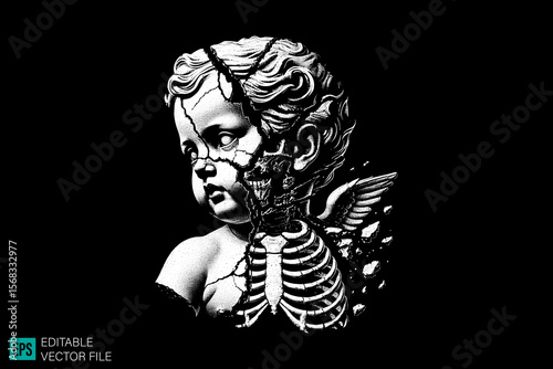 cupid sculpture scary creepy style tattoo dark art illustration vector black and white background templates