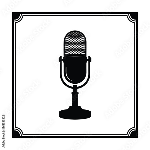 Vintage Radio Microphone Border Silhouette, Vector, Illustration, Outline, Line Art, Icon, White Background.