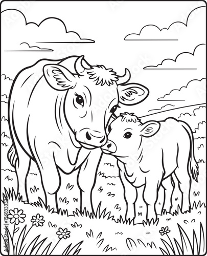 Cute cow with baby in the field black vector outline illustration coloring page for kids