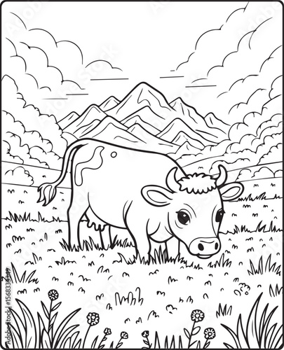 Cute cow in the field on mountain natural scenery black vector outline illustration coloring page for kids