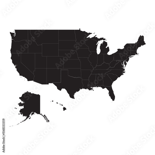 black silhouette map of mainland usa with mercator projection and state borders on white background, vector outline