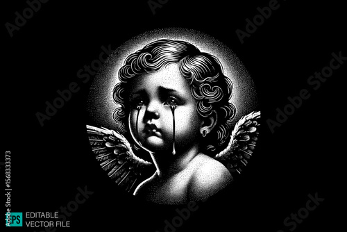 cupid sculpture scary creepy style tattoo dark art illustration vector black and white background templates