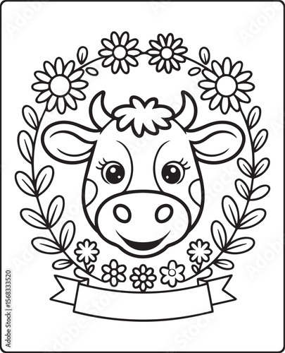 Cute cow head with flowers decoration black vector outline illustration coloring page for kids