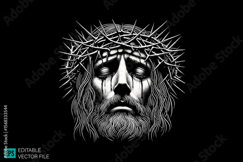 jesus head scary creepy style tattoo dark art illustration vector black and white background templates