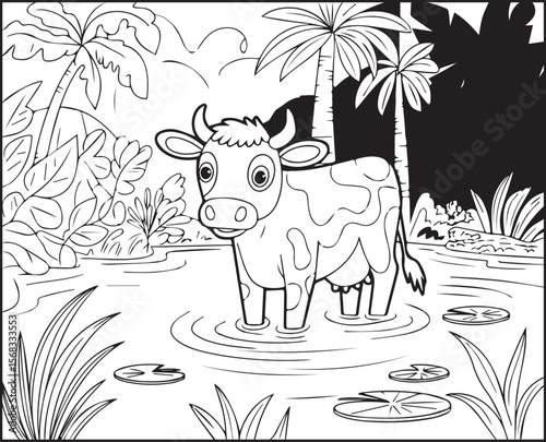 Cute cow on lake water in the field black vector outline illustration coloring page for kids