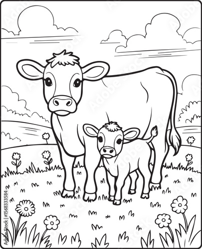 Cute cow with baby in the field black vector outline illustration coloring page for kids