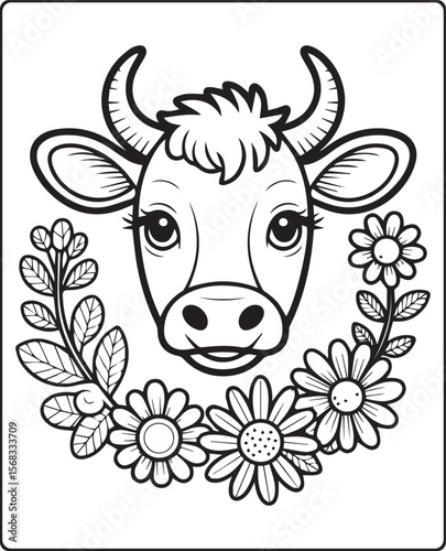 Cute cow head with floral decorative black vector outline illustration coloring page for kids