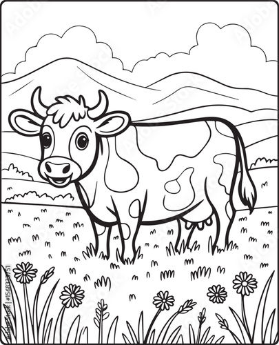 Cute cow in the field on mountain natural scenery black vector outline illustration coloring page for kids
