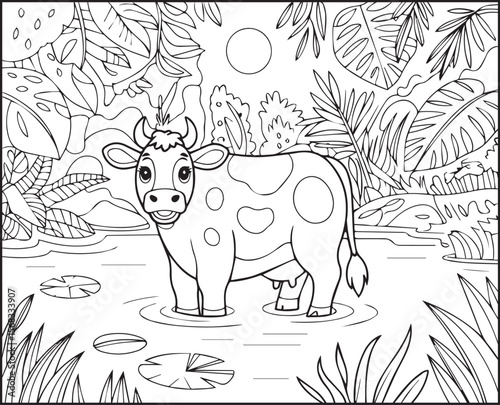 Cute cow on water in the field black vector outline illustration coloring page for kids
