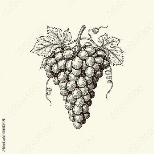 Detailed hand-drawn illustration of a grape bunch with leaves