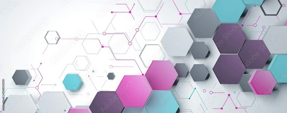 Abstract technology background with a hexagonal pattern and dots for a banner or web template on a white backdrop hexagons are connected by a pink line, forming simple, flat geometric Generative AI