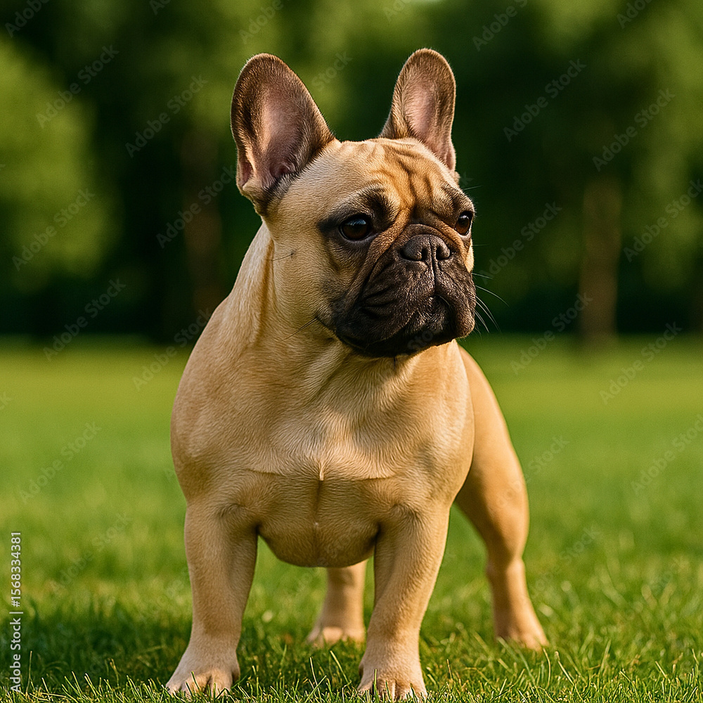 Fototapeta premium Adorable French Bulldog Sitting Outdoors on a Sunny Day
