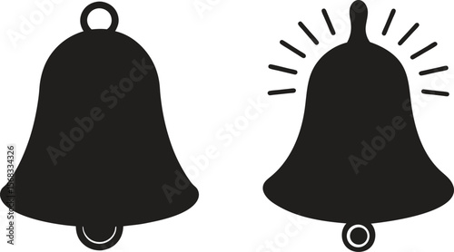 Two black bell icons one ringing with sound waves and one silent