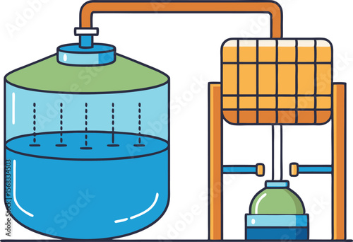 "Industrial Water Filtration System Cartoon: Clean Technology Purification Machine with Tank, Pipes, and Filter for Environmental, Laboratory, and Drinking Water Treatment Process Design"