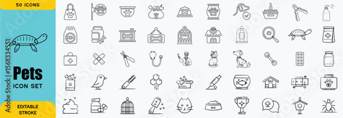 Pets Line Editable Icons set. Vector illustration in modern thin line style of domestic animals related icons: insects, rodents, lizards, exotic animals, and more