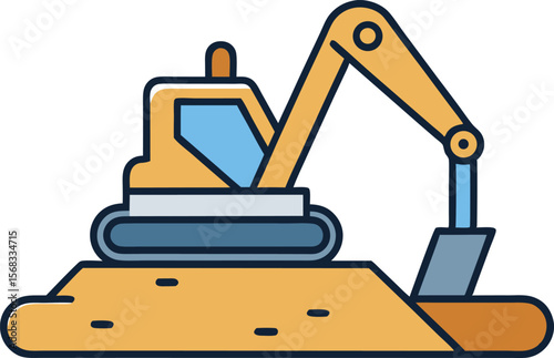"Cartoon Excavator Illustration: Construction Bulldozer Vehicle on Site with Shovel Arm Digging Soil - Heavy Equipment Icon for Building, Industry, and Engineering Design"