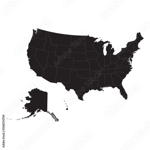 black silhouette map of united states of america with state borders isolated on white background, vector outline