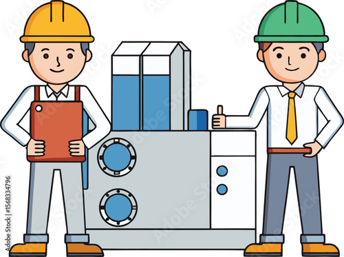 "Cartoon Engineers with Helmets Inspecting Factory Machine: Industrial Workers in Safety Gear Holding Clipboard and Giving Thumbs Up - Engineering, Manufacturing, and Workplace Illustration"