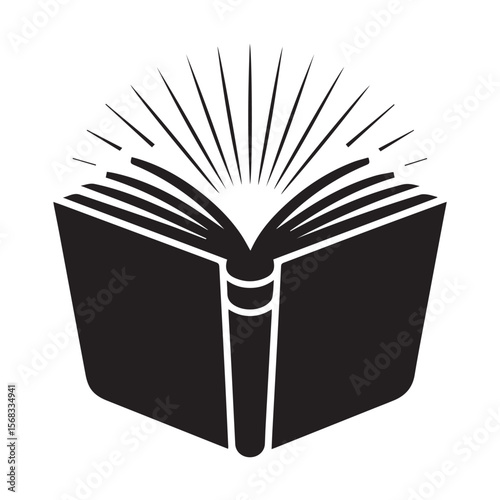 Vector art of an open book emits rays of light, isolated on white background