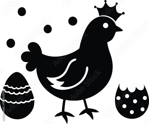 Black Silhouette Hen Wearing Crown Eggs Easter Design chicken