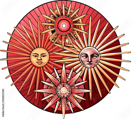 Vintage Sunburst Collection Retro Sun Ray Icons with Cat Illustration Elements