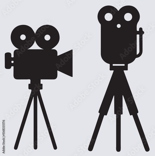 two movie cameras on tripods icons silhouette vector art illustration, movie camera icon set