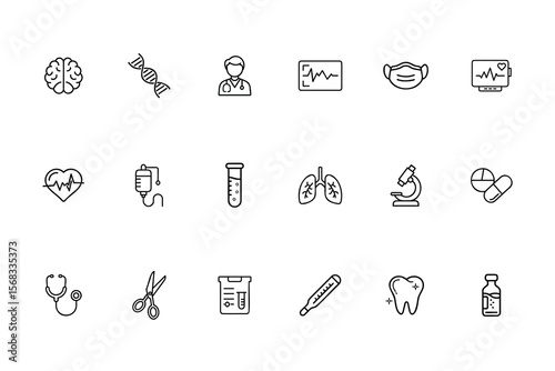 Set healthcare icons including brain D N A doctor mask lungs microscope pills more